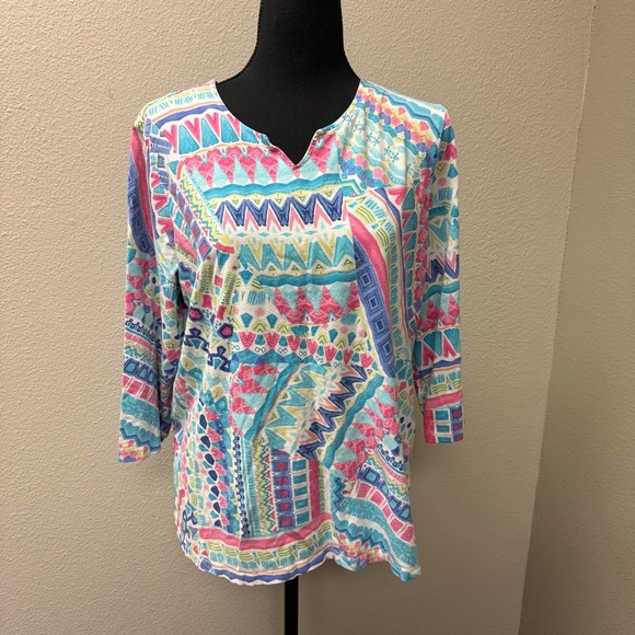 Alfred Dunner Studio Geometric Boho Top Blue Pink Tribal Print Large Soft - Picture 2 of 9
